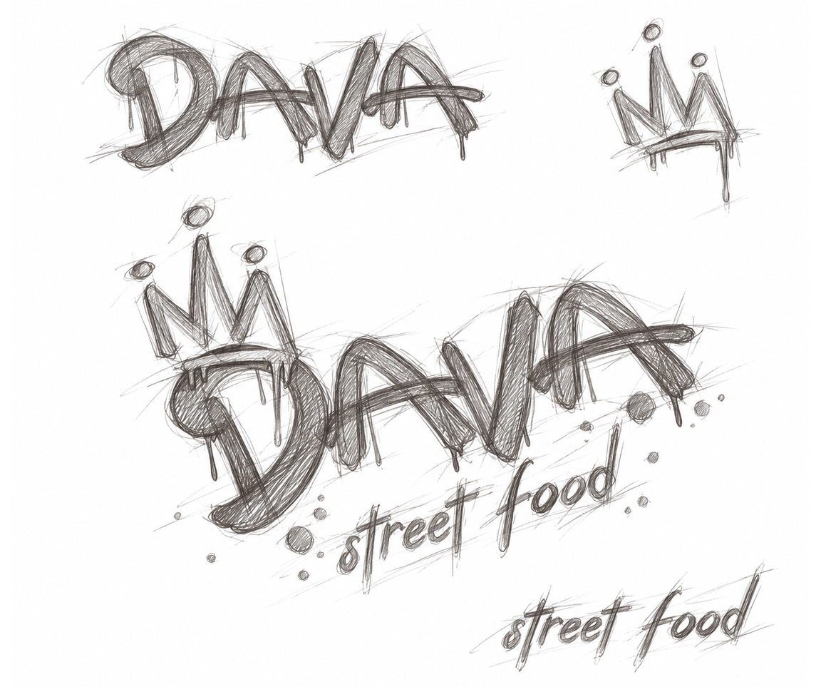 Boceto a lápiz del logotipo DAVA Street Food completo, con estudios separados de la corona, DAVA y Street Food