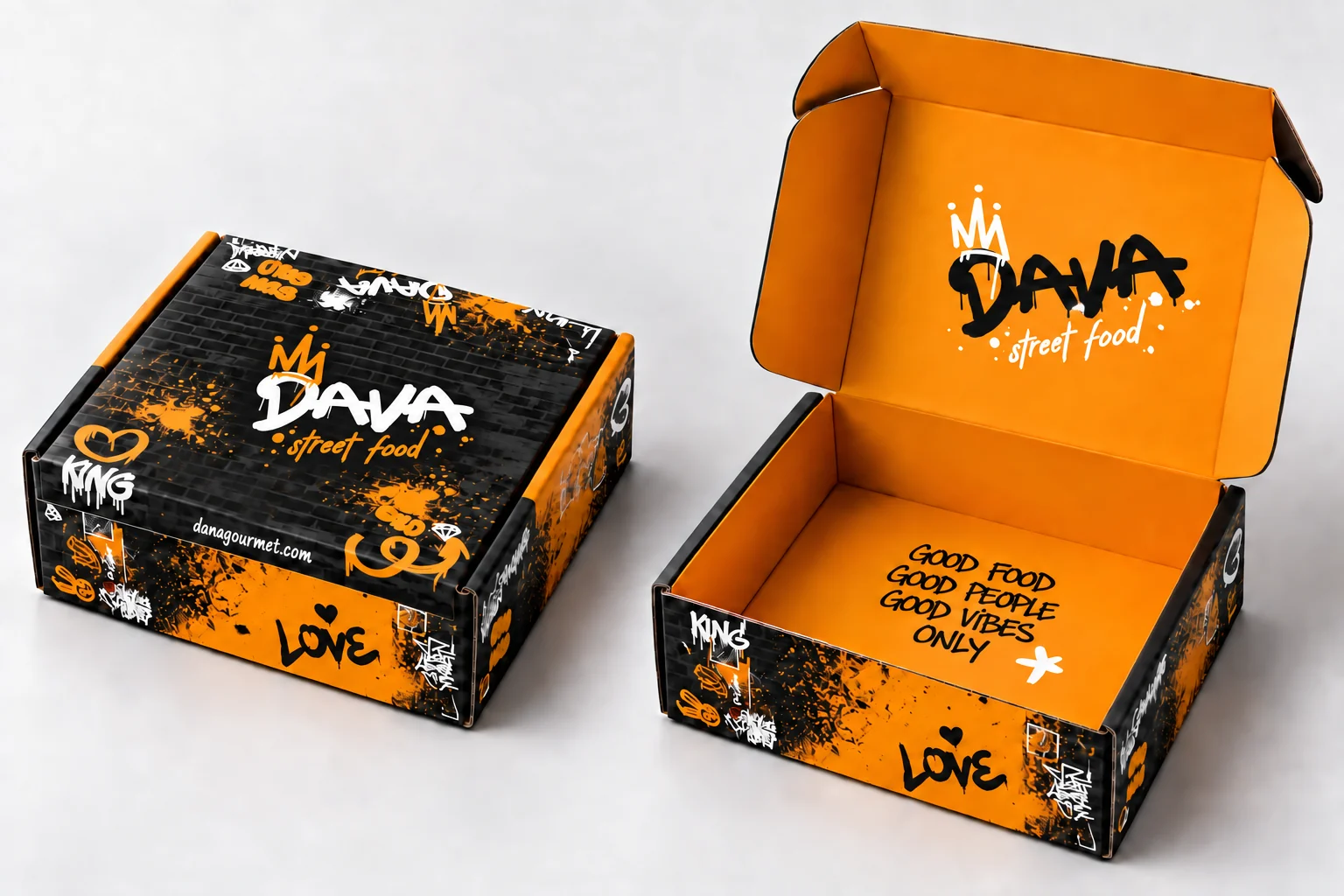 Diseño de cajas DAVA Street Food en naranja y negro