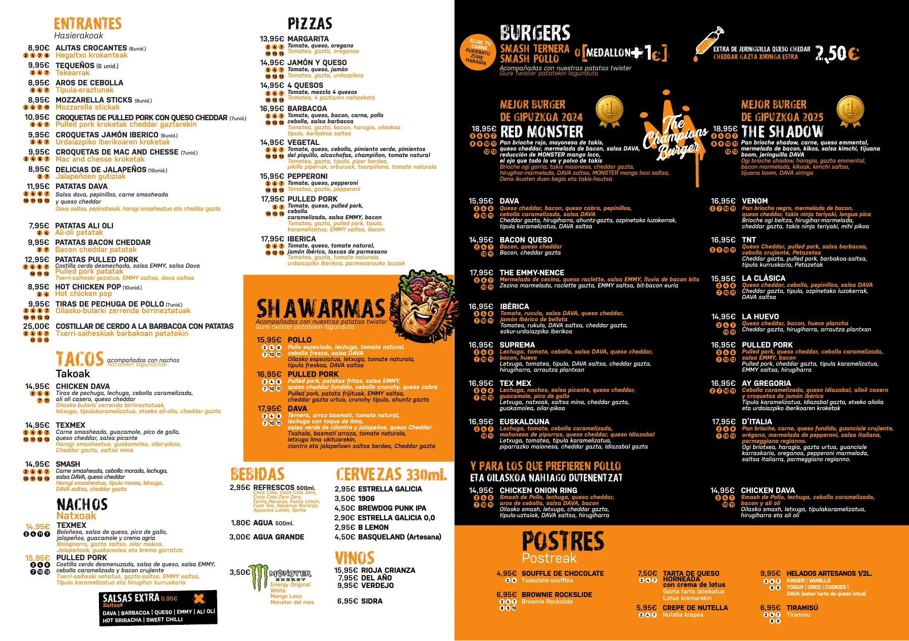 Diseño de la carta de DAVA Street Food con secciones en blanco, negro y naranja