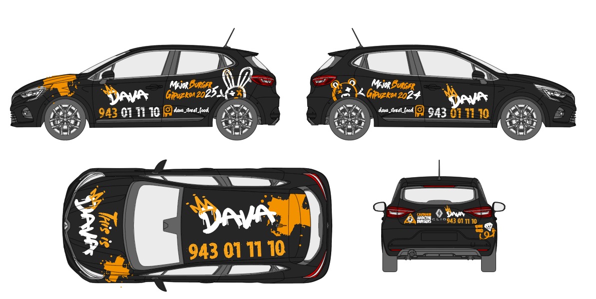 Diseño de rotulación del coche de reparto DAVA, con vistas laterales, superior y posterior