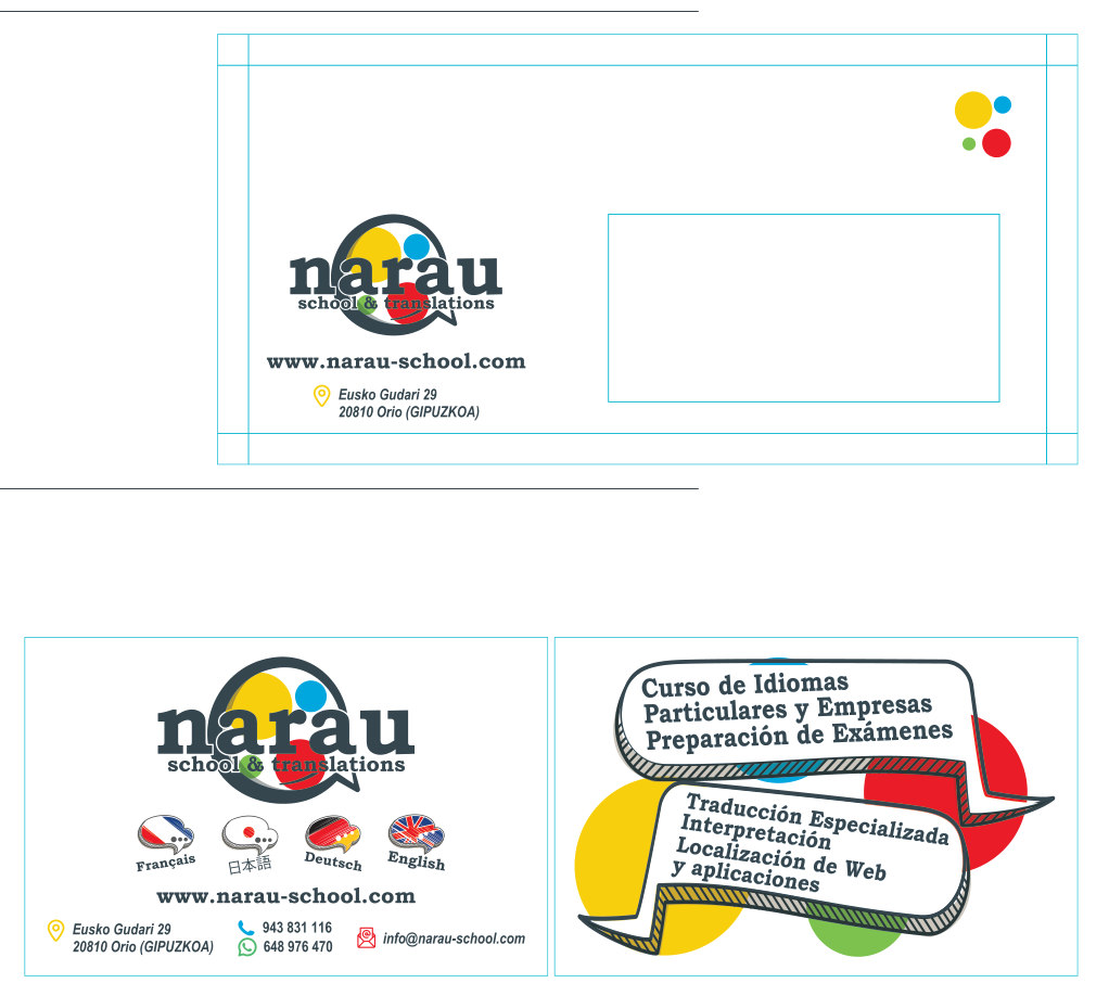Aplicación de la identidad Narau a sobres y tarjetas de visita
