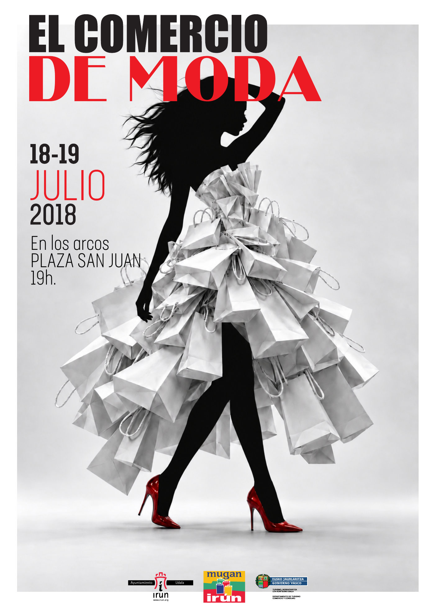 Cartel del evento El comercio de moda: silueta negra, vestido de bolsas blancas y zapatos rojos