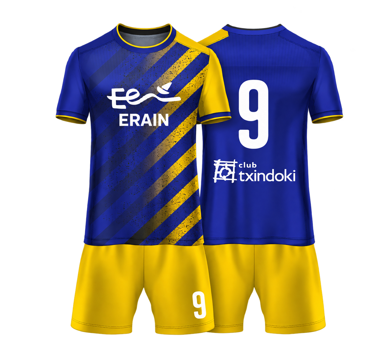 Equipación de fútbol en 3D sin fondo, frontal y espalda con camiseta azul y pantalón amarillo