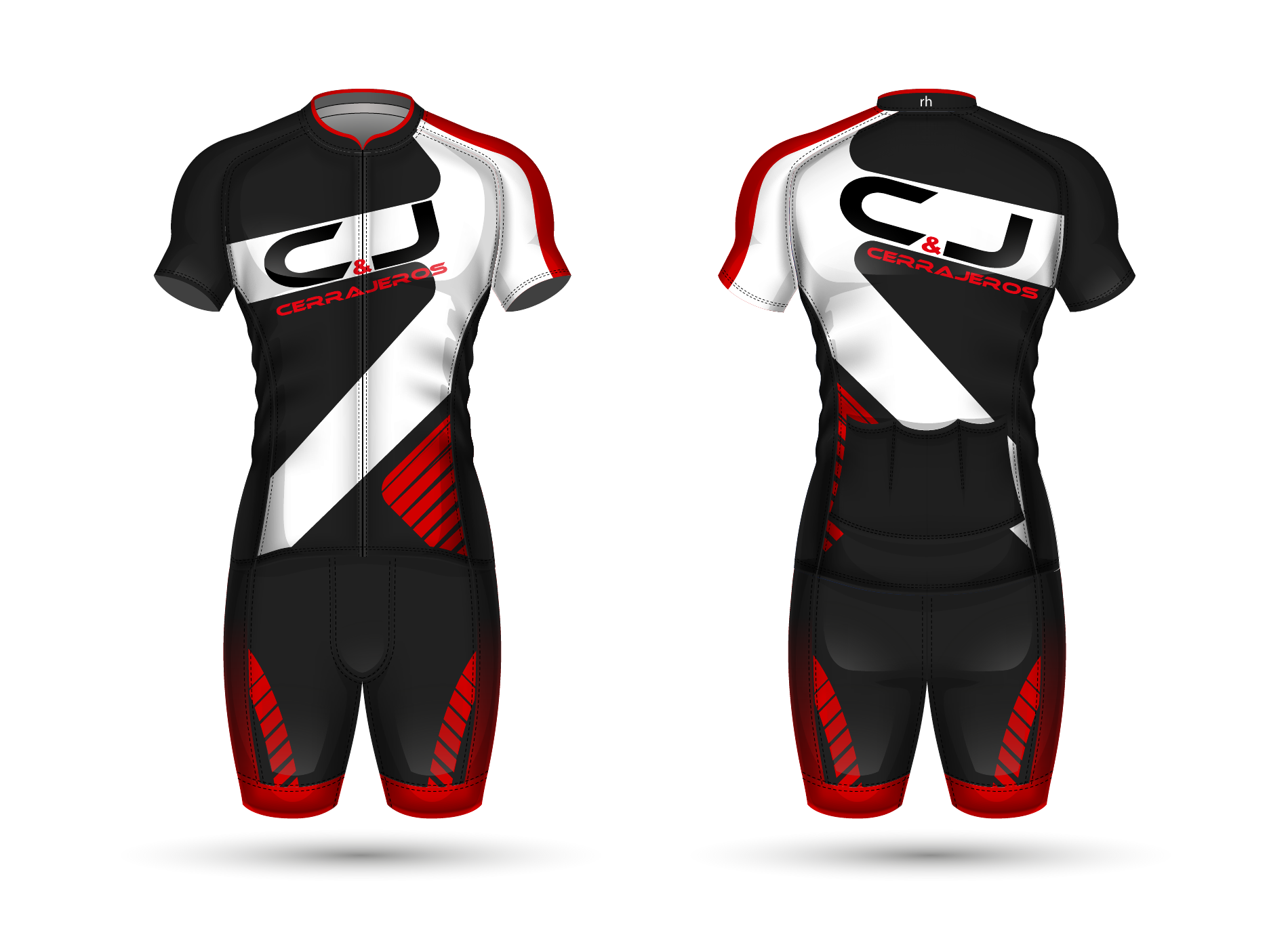 Diseño de equipación ciclista en negro, blanco y rojo: frontal y espalda