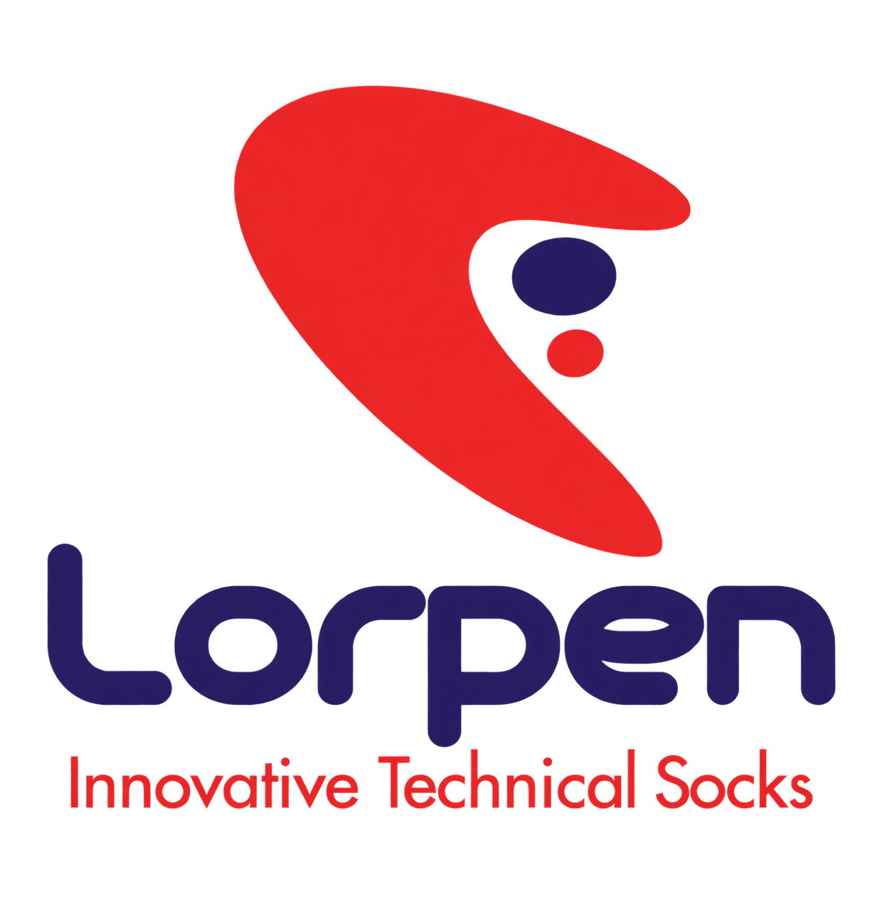 Logotipo Lorpen con símbolo rojo, nombre azul y el lema Innovative Technical Socks