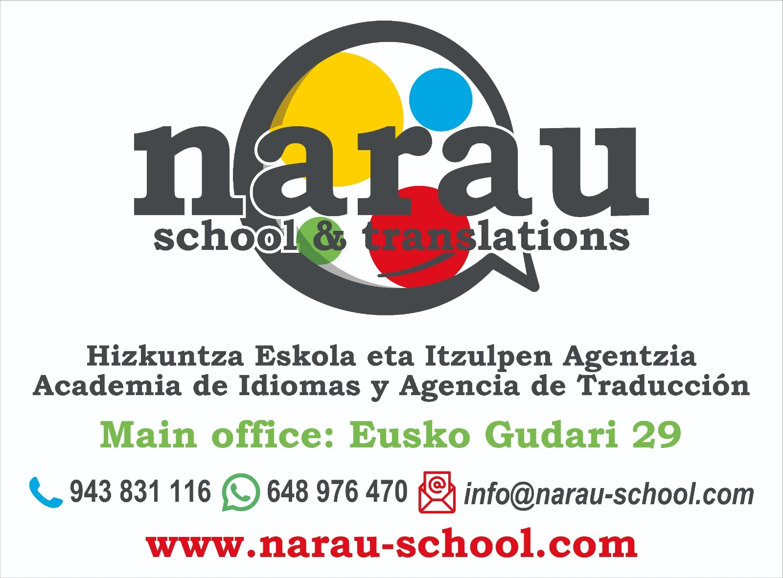 Cartel NARAU con la marca y los servicios de la academia de idiomas y agencia de traducción