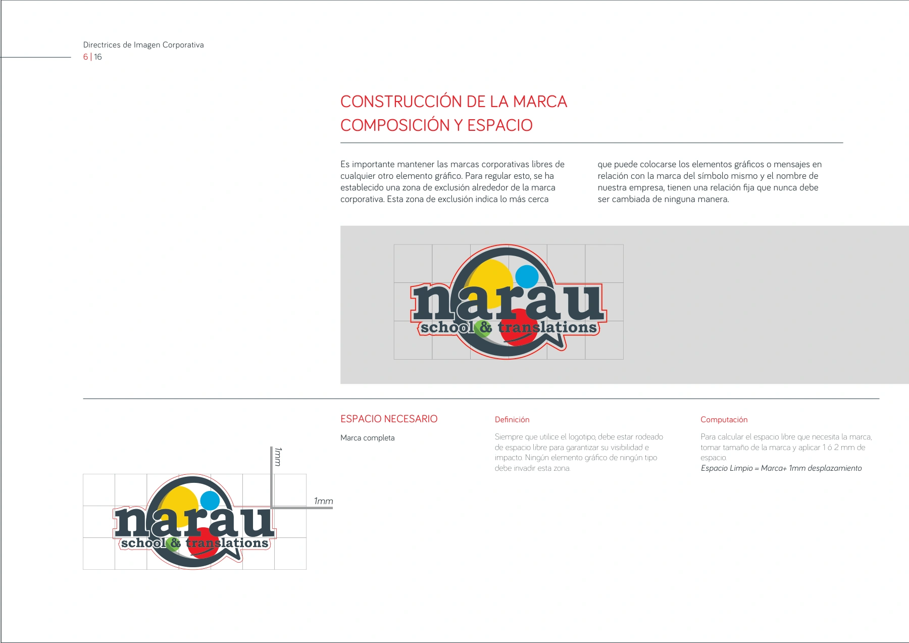 Página del manual NARAU con retícula del logotipo, proporciones y área de protección
