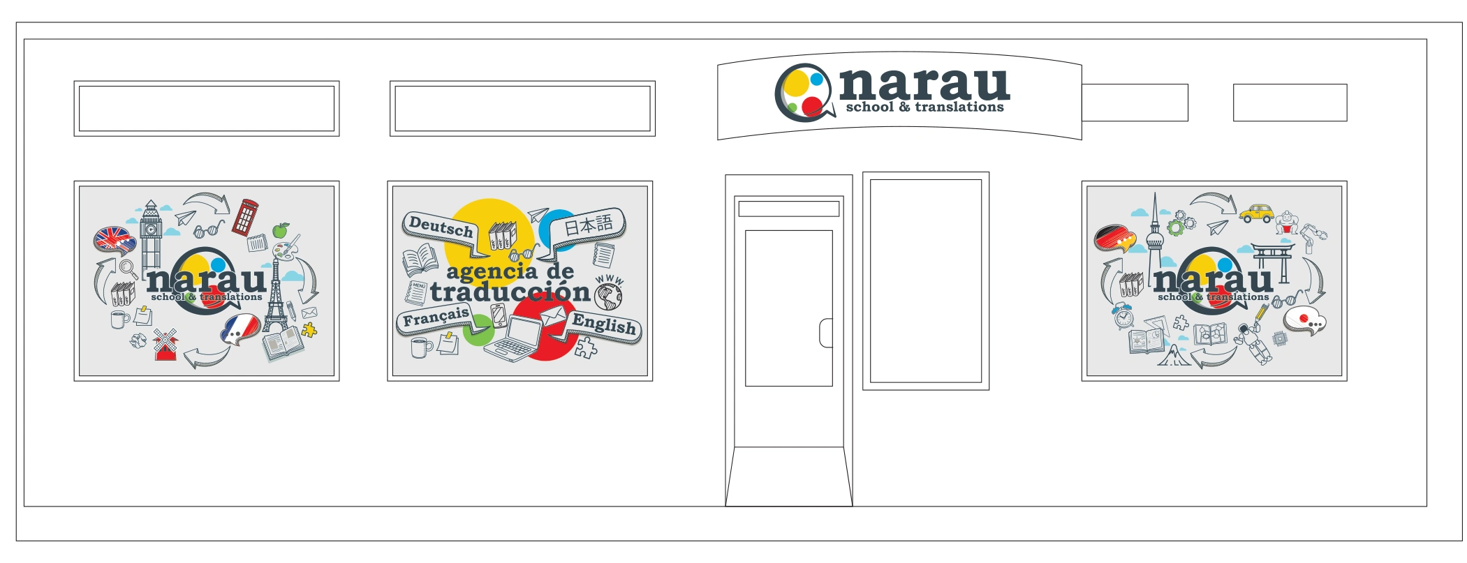 Diseño de la fachada NARAU con rótulo curvo y gráfica para los tres escaparates