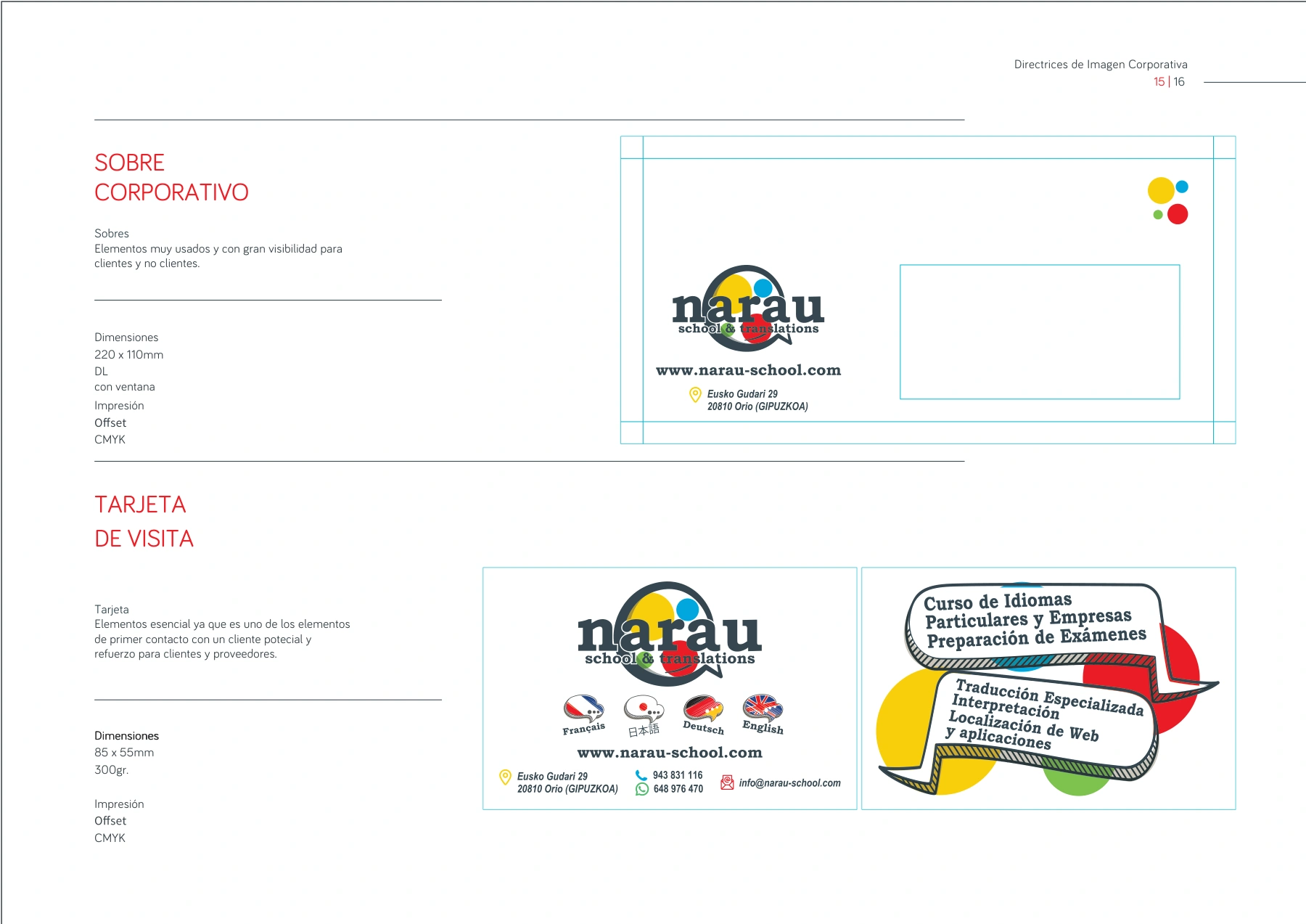Aplicaciones originales de NARAU a sobre y tarjetas de visita