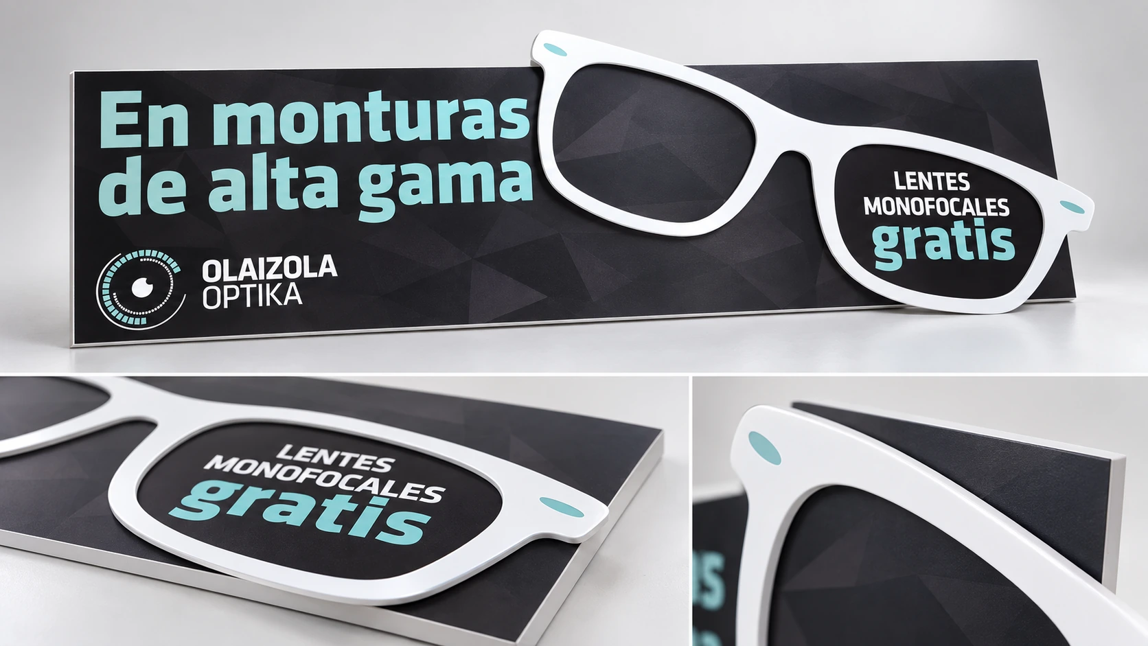 Presentación de cartelería para Olaizola Optika: panel negro, mensajes en azul y montura blanca en relieve, con dos vistas de detalle